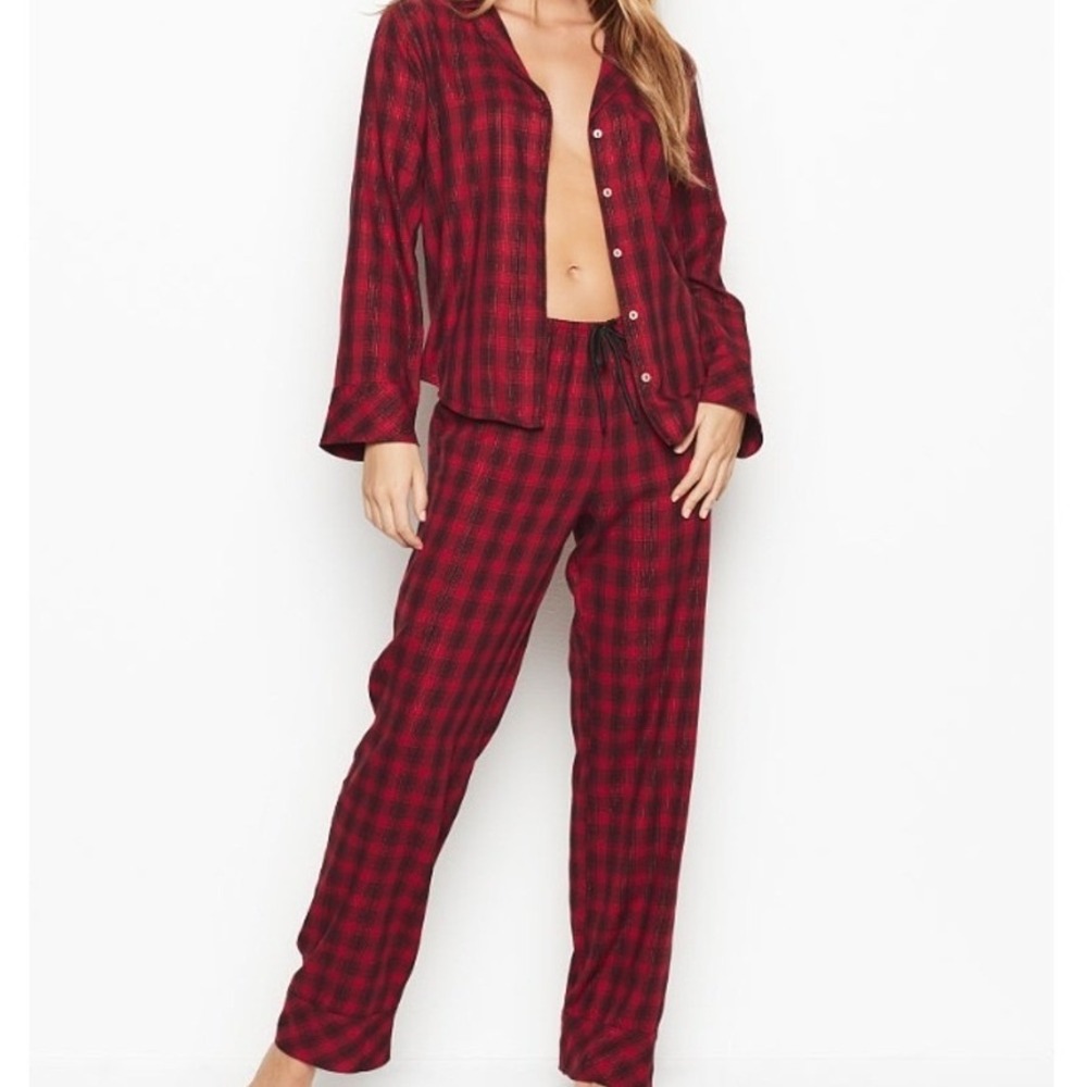 Victorias Secret Pajama Set Red Black Plaid Metallic Shimmer Womens Small